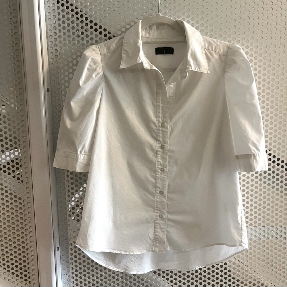 Tahari Puffed Sleeve Button Down Collared Shirt Size Medium White Cotton Blend